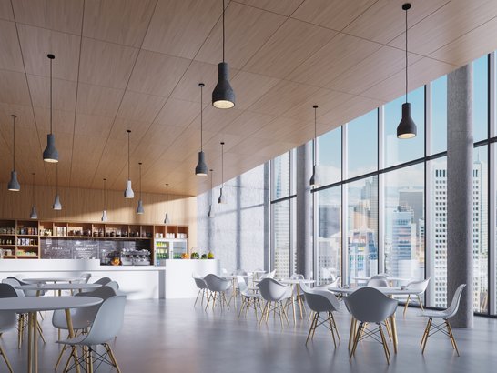 [Translate to Französisch:] Cafeteria Setting Rendering Using Armstrong WOOD Solution from Knauf Ceiling Solutions